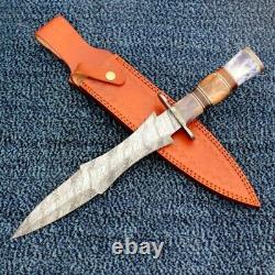 14 Custom Handmade Damascus Steel Boot Dagger Knife & Sheath, Bone, Wood Handle
