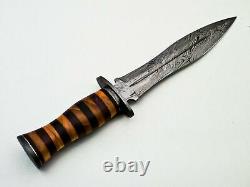 14 Handmade Damascus Steel Fixed Blade Hunting Dagger Knife Leather Roll Handle