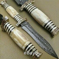 15 CUSTOM HANDMADE HAND FORGED DAMASCUS STEEL DAGGER KNIFE, Bone&brass HANDLE