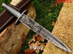 15 Custom Handmade Damascus Dagger Knife with J2 Steel Handle / Leather Sheath