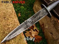 15 Custom Handmade Damascus Dagger Knife with J2 Steel Handle / Leather Sheath