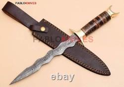 15 Hand Forged Damascus Steel Hunting Dagger Knife Stacked Leather Handle