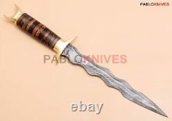 15 Hand Forged Damascus Steel Hunting Dagger Knife Stacked Leather Handle