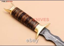 15 Hand Forged Damascus Steel Hunting Dagger Knife Stacked Leather Handle