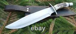 15' Inch Handmade D2 Tool Steel Hunting Knife Stag Horn Handle Steel Clip