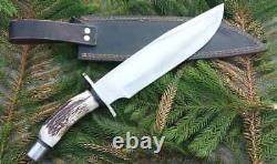 15' Inch Handmade D2 Tool Steel Hunting Knife Stag Horn Handle Steel Clip