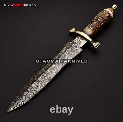 17'' Custom Hand Forged Damascus Steel Hunting Dagger Knife Vintage Stag Handle