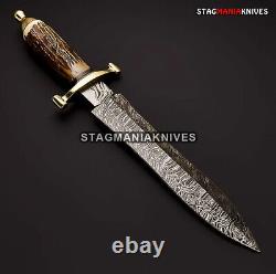 17'' Custom Hand Forged Damascus Steel Hunting Dagger Knife Vintage Stag Handle