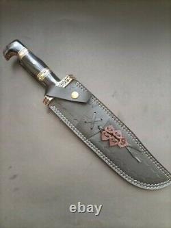 17Custom Handmade Damascus Steel Hunting Bowie Knife Dagger with leather sheath