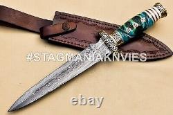 2 Pcs Hand Forged Damascus Steel Hunting Dagger Knife-engraved Camel Bone