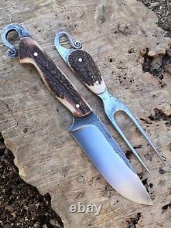 2 Pcs, Stag Horn Handle Custom Handmade D2-tool Steel Hunting Bowie Knife