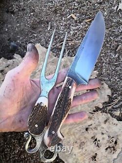 2 Pcs, Stag Horn Handle Custom Handmade D2-tool Steel Hunting Bowie Knife