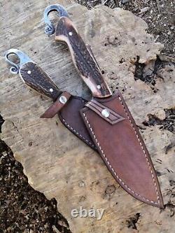 2 Pcs, Stag Horn Handle Custom Handmade D2-tool Steel Hunting Bowie Knife