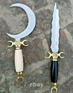 2pcs Set-HANDMADE CRESCENT MOON DAGGER RITUAL ATHAME BOLINE Snake KNIFE Gift DHL