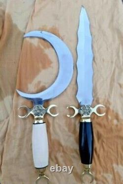 2pcs Set-HANDMADE CRESCENT MOON DAGGER RITUAL ATHAME BOLINE Snake KNIFE Gift DHL