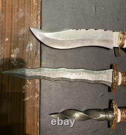 3 PCS Set DAMASCUS Hunting / Dagger / Bowie KNIFE HANDLE Pakka Wood