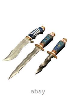 3 PCS Set DAMASCUS Hunting / Dagger / Bowie KNIFE HANDLE Pakka Wood
