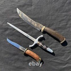 3 WWII Theater Made Fixed Blade Trench Art Fighting Knife Dagger Lot