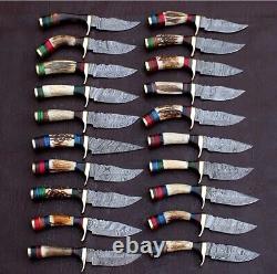 6 Stag Lot Of 20 Spark Custom Handmade Damascus Steel Hunting Skinner Knives