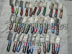 7.5'' Lot of 25 PCs Handmade Damascus Steel Hunting Skinner Knives, Mini Chopper
