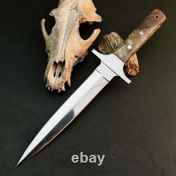 8.4 Stainless Dagger Knife Full Tang Wood Handle Fix Blade Leather Sheath