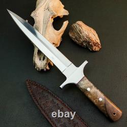 8.4 Stainless Dagger Knife Full Tang Wood Handle Fix Blade Leather Sheath