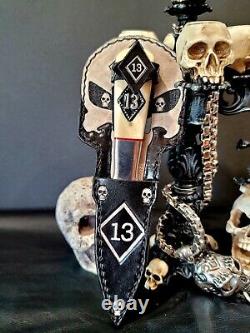 8 Dagger Knife withBone Handle, Handmade Leather Diamond 13 Punisher Skull Sheath