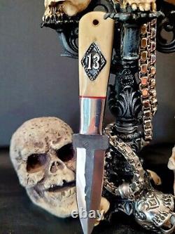 8 Dagger Knife withBone Handle, Handmade Leather Diamond 13 Punisher Skull Sheath