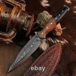 9.1 Dagger knife Handmade Damascus Knife Full Tang Wood Handle + Sheath