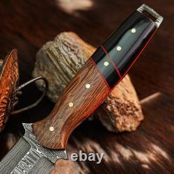 9.1 Dagger knife Handmade Damascus Knife Full Tang Wood Handle + Sheath