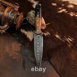 9.1 Dagger knife Handmade Damascus Knife Full Tang Wood Handle + Sheath