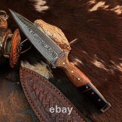 9.1 Dagger knife Handmade Damascus Knife Full Tang Wood Handle + Sheath