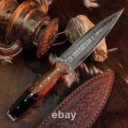 9.1 Dagger knife Handmade Damascus Knife Full Tang Wood Handle + Sheath