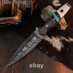 9.1 Damascus Dagger Knife Full Tang Wood Handle Fix Blade Leather Sheath