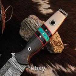 9.1 Damascus Dagger Knife Full Tang Wood Handle Fix Blade Leather Sheath