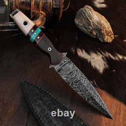 9.1 Damascus Dagger Knife Full Tang Wood Handle Fix Blade Leather Sheath