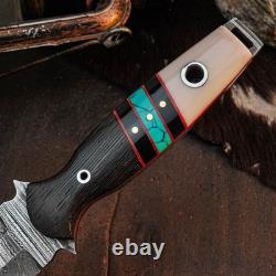 9.1 Damascus Dagger Knife Full Tang Wood Handle Fix Blade Leather Sheath
