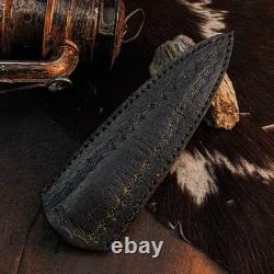 9.1 Damascus Dagger Knife Full Tang Wood Handle Fix Blade Leather Sheath