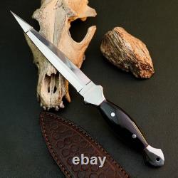 9.2 Stainless Dagger Knife Full Tang Bone Handle Fix Blade Leather Sheath