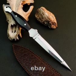 9.2 Stainless Dagger Knife Full Tang Bone Handle Fix Blade Leather Sheath
