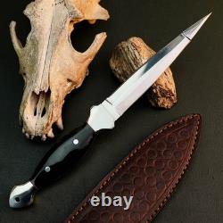 9.2 Stainless Dagger Knife Full Tang Bone Handle Fix Blade Leather Sheath