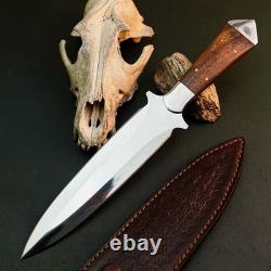 9.3 Stainless Dagger Knife Full Tang Wood Handle Fix Blade Leather Sheath