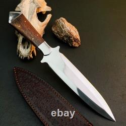 9.3 Stainless Dagger Knife Full Tang Wood Handle Fix Blade Leather Sheath