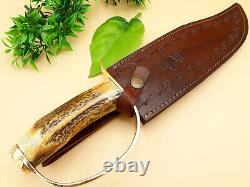 Antique Stag Antler Custom Handmade Steel Hunting Tactical Dagger Bowie Knife