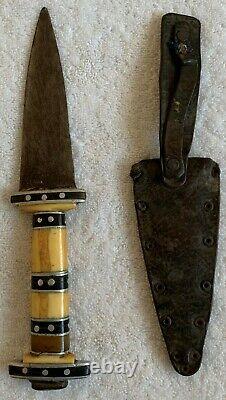 Authentic Ethiopian African Tribal Dagger Knife w Case 4 1/2, Bone Inlay Handle