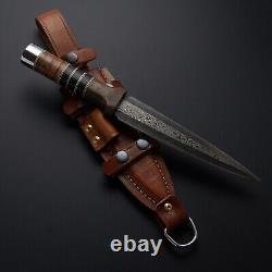 Battle Ready Damascus Steel Custom Hand Forged Dagger Knife With Leather Sheath