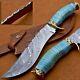 Beautiful Custom Handmade Damascus Steel Bowie Knife Blue Resin Handle