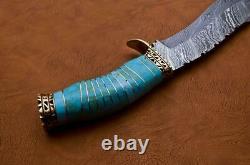 Beautiful Custom Handmade Damascus Steel Bowie Knife Blue Resin Handle