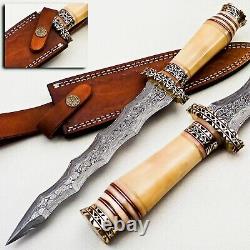 Beautiful Custom Handmade Damascus Steel Dagger Knife with Leather Sheath