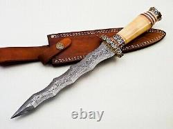 Beautiful Custom Handmade Damascus Steel Dagger Knife with Leather Sheath